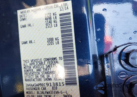 2014 Nissan Maxima 3.5 Sv from USA, damaged, VIN 1N4AA5AP9EC913815